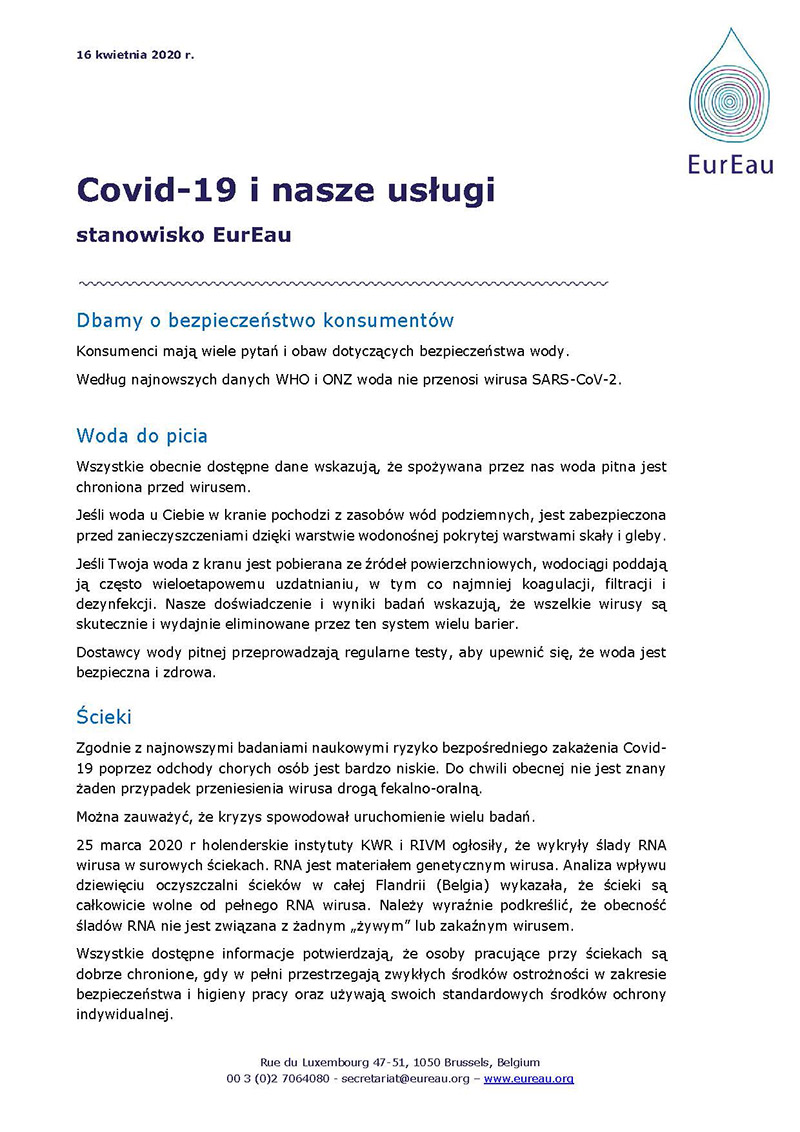 Covid 19 i usługi wod kan stanowisko EurEau Strona 1