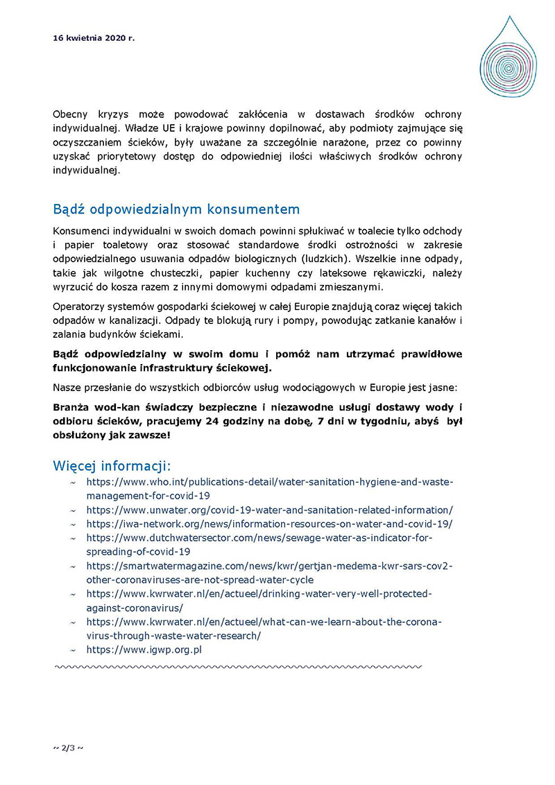 Covid 19 i usługi wod kan stanowisko EurEau Strona 2